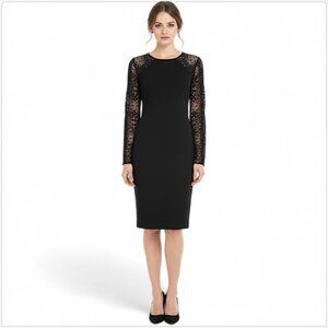 Alex Evenings Black Lace Illusion Bell Sleeves Jeweled Shift Dress New NWT 6